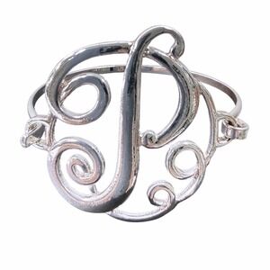 Silver Tone Initial P Cuff Bracelet Filigree Scroll Open Bangle Monogram Jewelry
